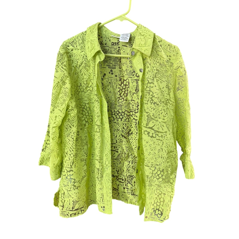 White Stag Neon Lime Green Burnout Button Up Shirt Womens Large WS511215